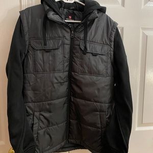 Men's Charcoal Gray Puffer Jacket with Attached Hoodie